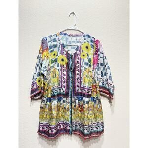 Johnny Was "Theda" 100% Silk Tunic Rare Trim Size Small
